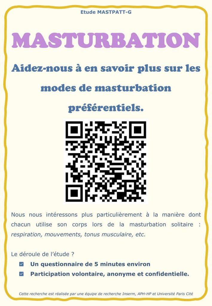Flyer de l'étude MASTPATT-G sur les modes de masturbation préférentiels, avec QR code vers le questionnaire